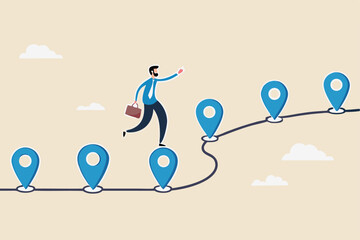 Roadmap, project milestone or business journey achievement, workflow or process timeline to success, step planning or progress concept, businessman run on milestone location pin on business roadmap.