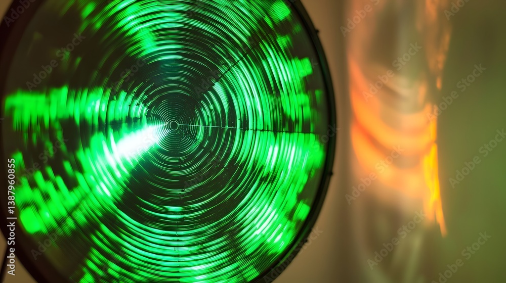 Poster illuminated drum: a close-up shot of a drum with vibrant green illuminated patterns, creating a capt