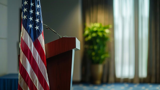 An American flag draped over a podium at a press conference. stock image, hd quality