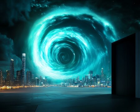 A mesmerizing vortex spirals over a futuristic city skyline at night.