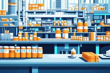 Pharmaceutical factory interior, automated production line, modern warehouse, busy background.  Possible use Illustration
