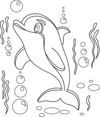 dolphin underwater vector outline drawing in cartoon style