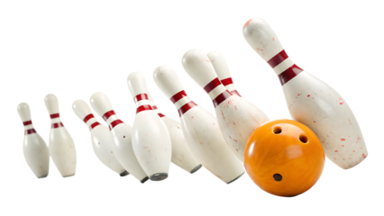 bowling ball hits bowling pins isolated on white background, PNG
