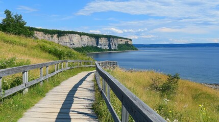 A charming wooden boardwalk hugging the edge of a steep coastal cliff.