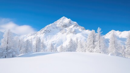 Snowy Mountain Peak Winter Trees Vibrant Style High Definition Wide Landscape Shot Pristine Snow Serenity Alpine Vista Bright Blue Winter Wonderland Ideal for Travel Brochures