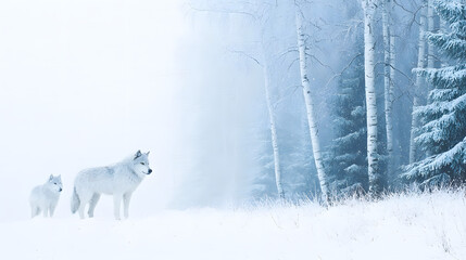 A painting of two wolves in the woods surrounded by birds and trees, capturing the essence of nature.
