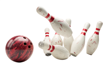 bowling ball hits bowling pins isolated on white background, PNG