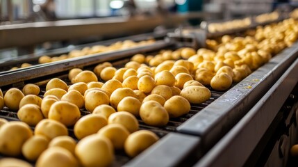 Clean potatoes going through a food processing line, being sorted, washed and prepared for packaging