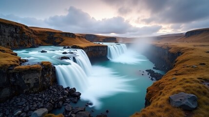 Panoramic view of Barnafoss waterfall in Iceland with cloudy skies at midday.