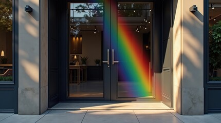 Finance doorway embracing opportunity with a rainbow entrance in a modern city environment