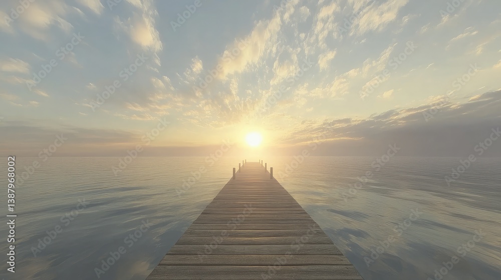 Poster a scenic pier extending into the ocean, surrounded by calm waters and soft clouds.
