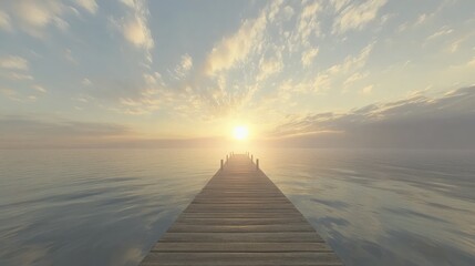 Fototapeta premium A scenic pier extending into the ocean, surrounded by calm waters and soft clouds.