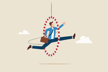Capability or employee competence, skill and performance to achieve success, challenge or motivation to overcome obstacle, winning concept, capable skillful businessman winner jump through the hoop.
