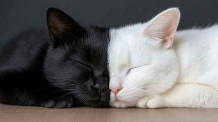 Two cats, black and white, sleeping close together.  A captivating image of two felines, one black, one white, resting peacefully side-by-side.  Their eyes are closed,