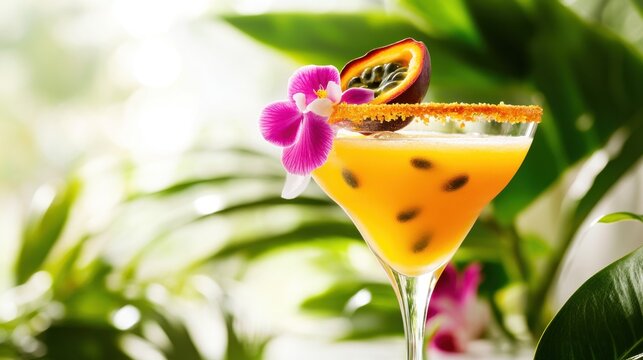 World Passion Fruit Martini Day Exotic passion fruit cocktail with orchid garnish in tropical setting