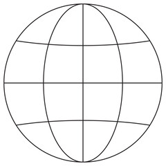 Icon of a globe with latitude and longitude lines, representing the world, global network, and internet. Vector pictogram with thin black lines on a transparent background. Line thickness is editable