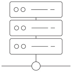 Icon of a server stack with three connected rectangular units, representing data storage, cloud computing, or web hosting. Vector pictogram with thin black lines. Line thickness is editable