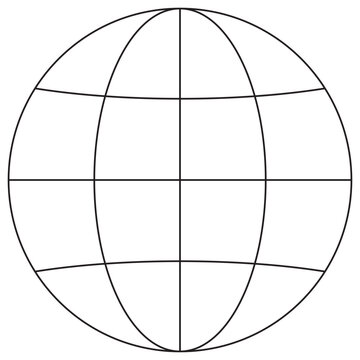 Icon of a globe with latitude and longitude lines, representing the world, global network, and internet. Vector pictogram with thin black lines on a transparent background. Line thickness is editable