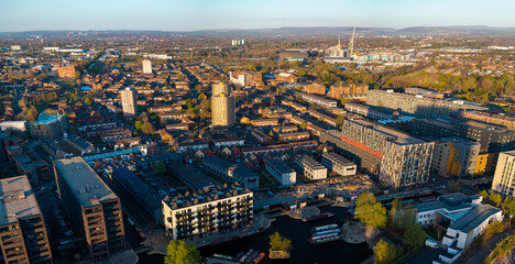 Panoramic aerial image of New Islington Manchester at Sunset time. 
