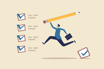 Complete task get work done, accomplish work or finish checklist, project management or good result survey, productive concept, happy businessman jumping high after completed tasks or accomplish work.