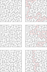 Square Maze Set With Solutions In Red Dashed Lines On White Background