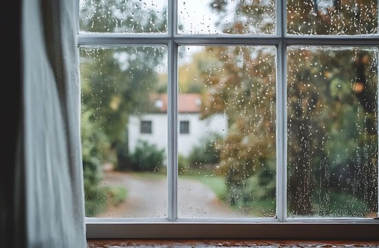 A close-up of the window with raindrops on it, overlooking green trees and houses in the springtime