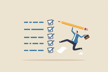 Complete task get work done, accomplish work or finish checklist, project management or good result survey, productive concept, happy businessman jumping high after completed tasks or accomplish work.