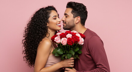 A passionate couple sharing a tender moment, exchanging a bouquet of vibrant roses on Valentine's Day against a soft pink backdrop.