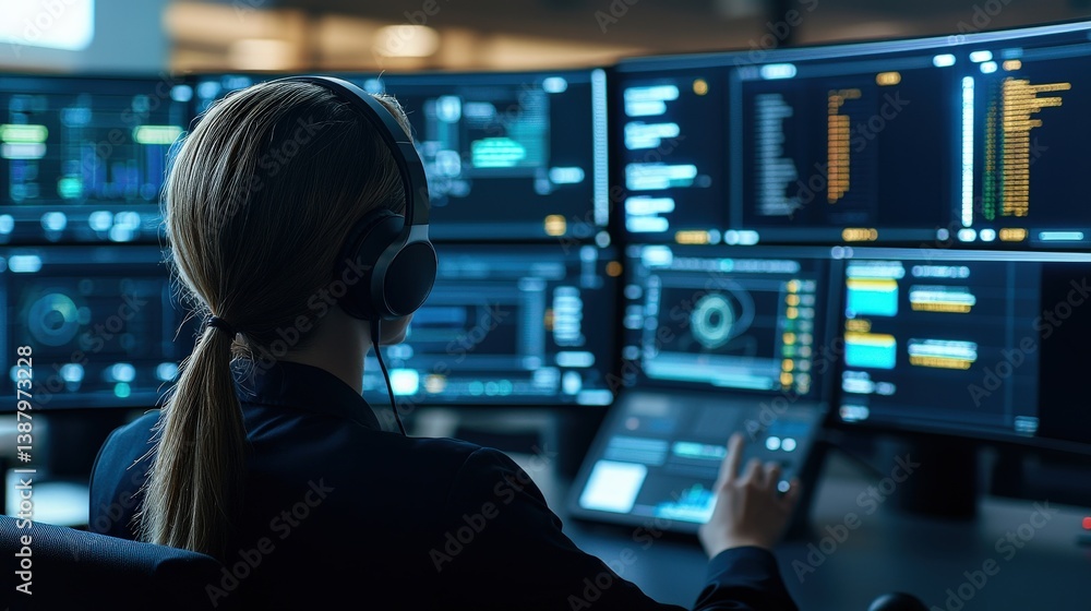 Poster a focused individual monitors multiple screens displaying data and analytics, wearing headphones in 