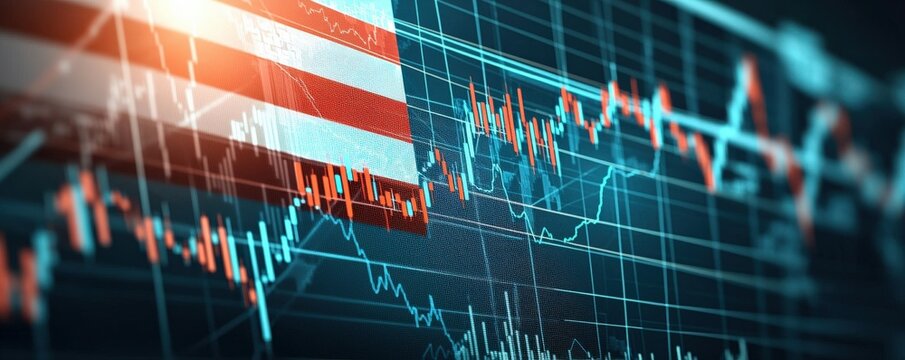 A digital representation of financial data featuring a stock market graph overlaying an American flag.