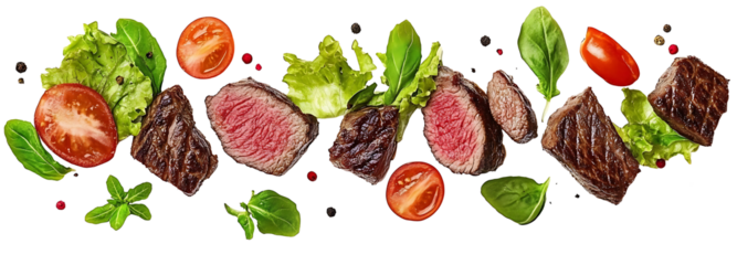 Falling steak salad ingredients, on a transparent background. high resolution PNG file