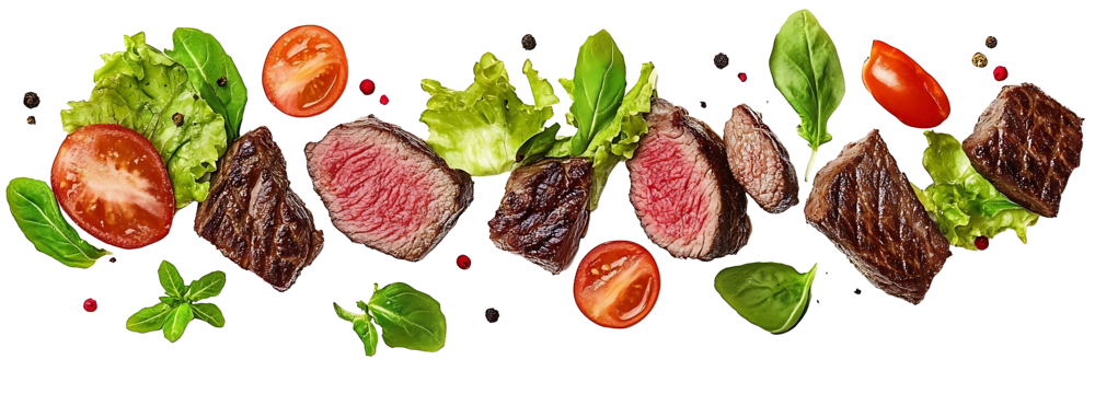 Falling steak salad ingredients, on a transparent background. high resolution PNG file
