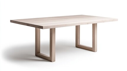 Fototapeta premium A light-colored wooden dining table features a rectangular top and simple, square legs. The image is cleanly composed against a white background. The lighting is even and bright, highlighting the wo