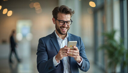 Attractive Latin businessman text messaging via mobile phone and holding card against colored, business building background