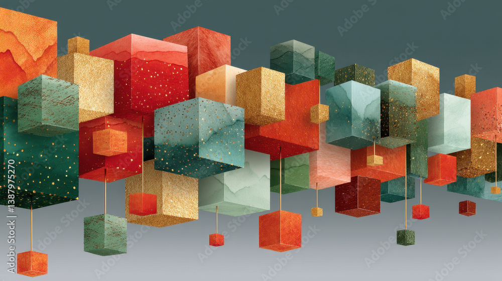 Poster experience the illusion of perpetual falling through layers of vibrant cubes and shapes creating end