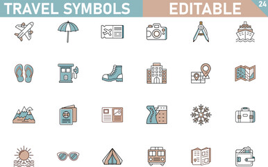 Editable Travel Icons Airplane, Beach, Map, Hotel, Compass, Cruise