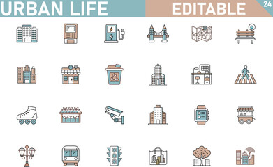 Editable Urban Life Icon Set City, Buildings, Transportation, and More