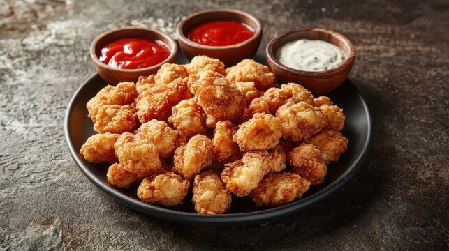 Plato de pollo frito con salsas