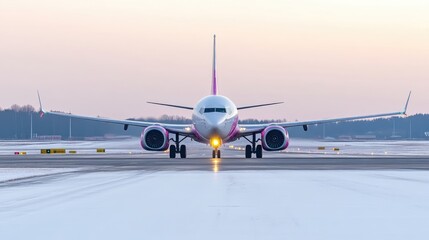 Airplane taxiing on a snowy runway at dawn.  A passenger jet is positioned centrally on a paved runway, preparing for takeoff or landing, in the winter morning light.  Snow is visible on the runway