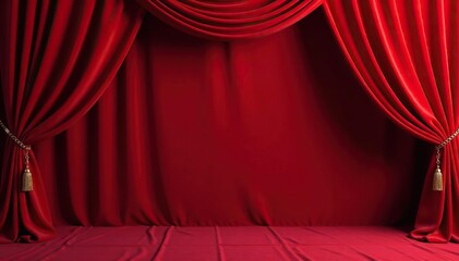 Fototapeta premium Deep crimson velvet curtains, elegantly draped , photography, red, waves