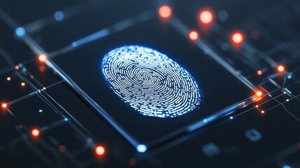 A digital fingerprint surrounded by a technology-inspired interface, symbolizing security and identity verification.
