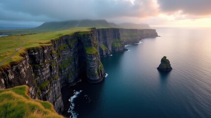 Detailed photo of Nordkapp in Norway at dawn with cloudy weather, showcasing cliffs and sea, shot from a panoramic perspective.