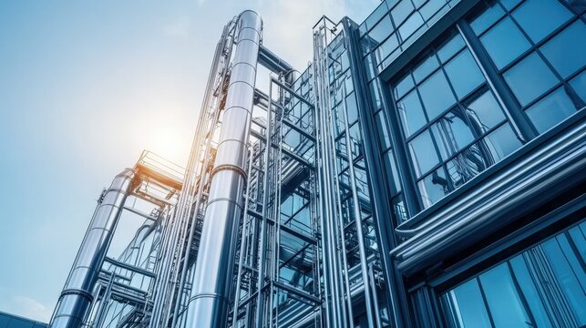 A modern industrial building featuring sleek glass and metal structures, illuminated by sunlight with a futuristic design.