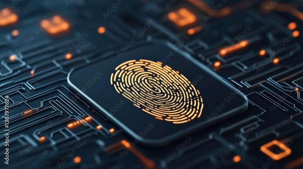 Poster a digital fingerprint glows against a circuit board background, symbolizing security and technology 