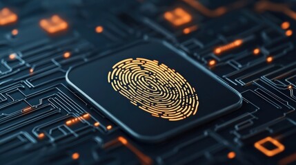 A digital fingerprint glows against a circuit board background, symbolizing security and technology in biometric identification.