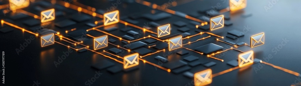 Poster a digital representation of interconnected email icons glowing on a dark background, symbolizing com
