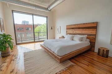 A modern bedroom interior with wooden bed and large window view