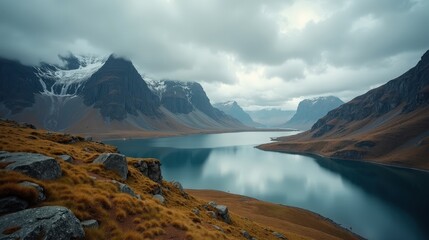 A detailed photo of a Norwegian landscape at midday with cloudy conditions, shot from an elevated view.