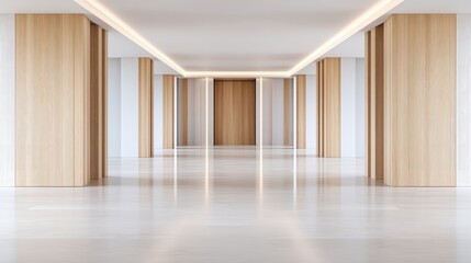 Obraz premium A spacious hall features light wood and white columns. The floor is polished and reflective. The image is clean and bright, with even lighting. The style is minimalist and modern. Neutral colors cr