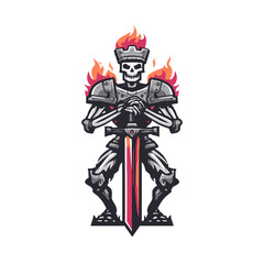 Fototapeta premium Vector logo design featuring a skeletal warrior with a flaming crown holding a sword, perfect for esports branding
